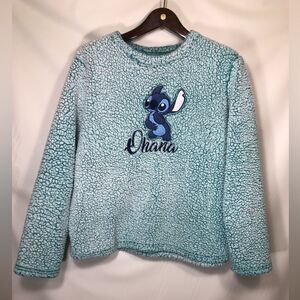 Disney Lilo and Stitch Ohana Family Soft Sweater Pullover Large Faux Fur Blue